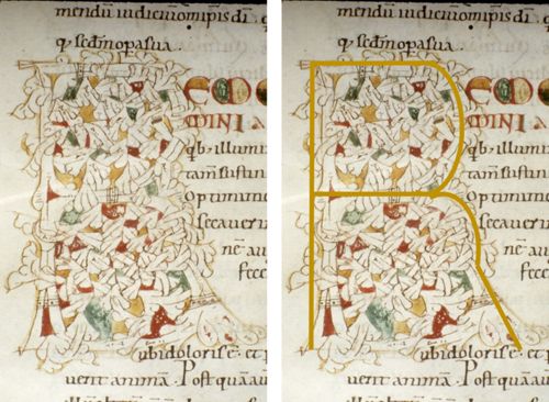 À gauche : Lettre R. Haimo, In epistolas S. Pauli, 1067. Oxford, Bodleian Ms. Add. D. 104, fol. 179v ; à droite : même lettre avec tracé moderne du R.
