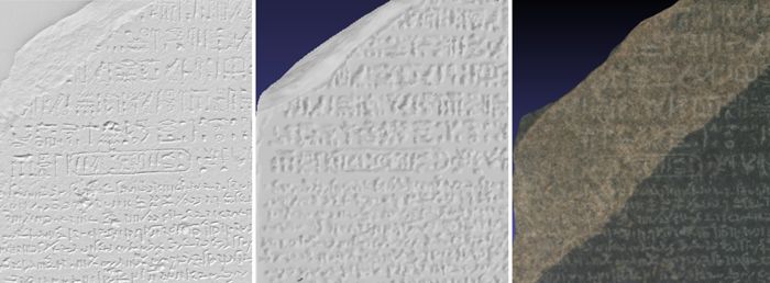 Fig. 4. Visual comparison of our 3D digital squeeze with other publicly available 3D models of the Rosetta Stone. Left: The 3D digital squeeze produced from our SFS tool in 2018. Middle: The 3D model created by Jon Beck in 2015. Right: The 3D model published by the British Museum in 2016.