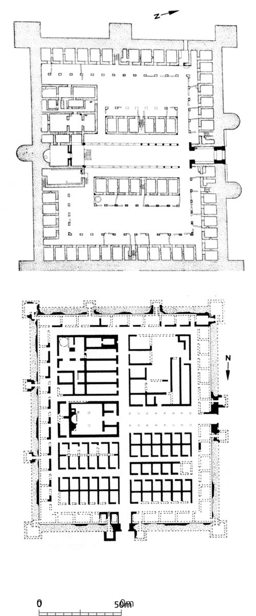 Plans comparés des Castra Dionysiados (a), d’Abu Sha’ar (b). 
Le plan d’Abu Sha’ar est emprunté à S. Sidebotham (op. cit. note 19).
