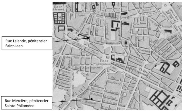 Fig. 8. Plan de Bordeaux en 1837. Localisation des pénitenciers de Saint-Jean et de Sainte-Philomène.