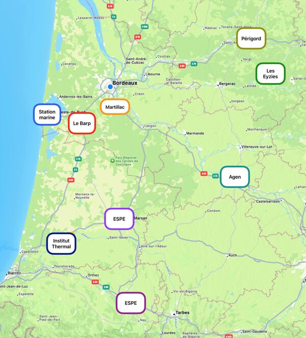 Fig. 3. Carte d’implantation, université de Bordeaux (2024) : le « campus régional » (fond de carte Apple Plans ; ajouts, Alexandre Frambéry-Iacobone, février 2024).