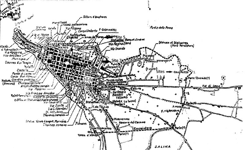 Tarente, la commune de Fontanella. Localisation des sites 1 à 4 (plan Wuillemier 1939).