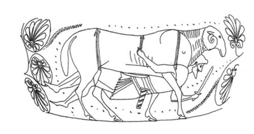 Pseudo-inscriptions peintes sur un cratère de Carlsruhe B 32 (dessin C. Jubier Galiner d’après CVA Carlsruhe 1, pl. 9.2). Source : Jubier Galinier 1998, fig. 1.