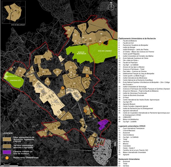 Fig. 5. Les composantes de l’ensemble hospitalo-universitaire, situation en 2010 (Ville de Montpellier, étude urbaine, groupement Garcia-Diaz, L. Viala et al. 2008).
