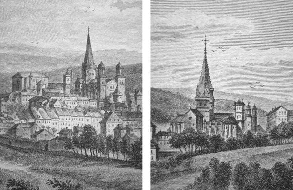 Détails du groupe épiscopal sur deux vues de la ville d’Autun par Lallemand, fin du XVIIIe siècle, Société Éduenne. © S. Balcon-Berry.