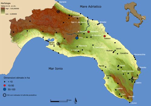 Puglia meridionale nell’età del Ferro: mappa degli insediamenti con indicazione dei siti che hanno restituito indicatori di attività produttive (rielaborazione da Web-GIS degli insediamenti, Laboratorio di Informatica per l’Archeologia, Università del Salento).