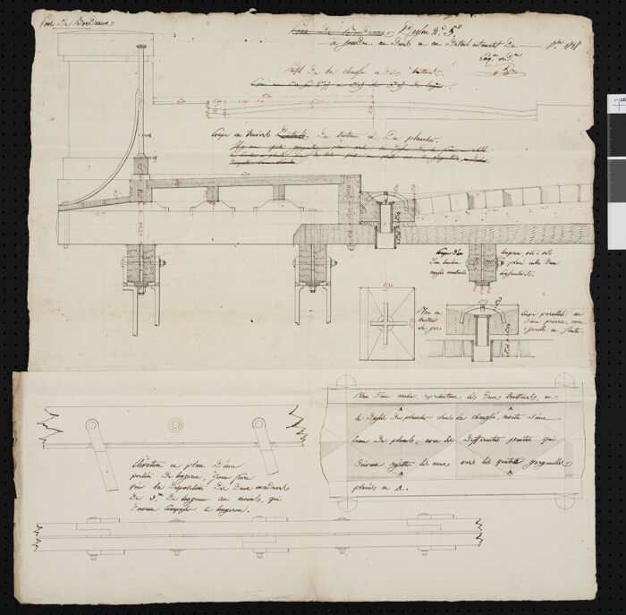 Détail des éléments de la charpente métallique et profil de la chaussée et du trottoir, 1818 (Archives de Bordeaux Métropole, Bordeaux 132 O 1).
