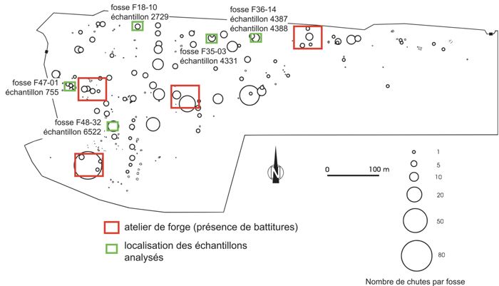 Localisation des chutes métalliques analysées sur la carte de répartition des chutes (d’après A. Filippini 2015, 132, fig. 42 ; E. Caillaud 2017, vol. 2, 47, annexe 5.3 ; Augier et al. 2012, 175, fig. 220 ; cartographie O. Buchsenschutz).