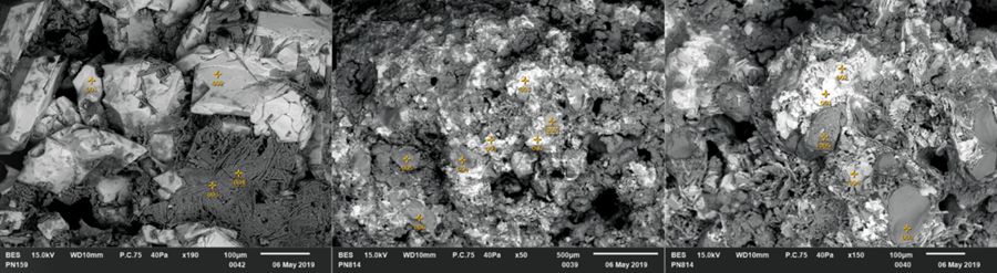 Nauportus. Blue nodule samples (PN 159, PN 814) under SEM with marked spots of EDS analyses.