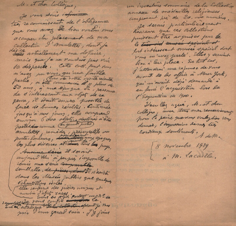 Brouillon d’une lettre d’Adrien de Mortillet à Armand Donald Lacaille, 
1929