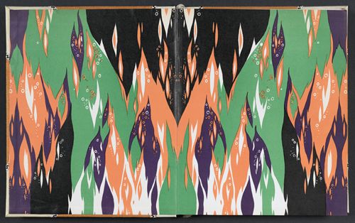 Gardes intérieures avec des motifs en formes de flammes vertes, oranges, violettes, noires et blanches.