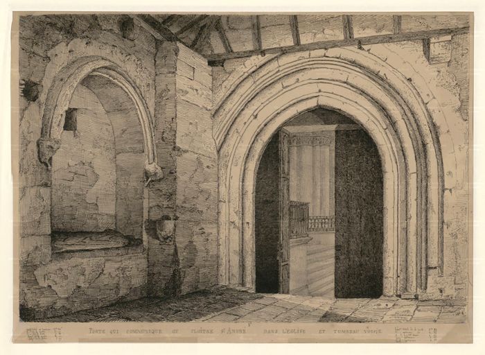  “Porte qui communique au cloître Saint-André dans l’église et tombeau voisin”, dessin de Léo Drouyn, (AD Gironde ; 162 T 1).
