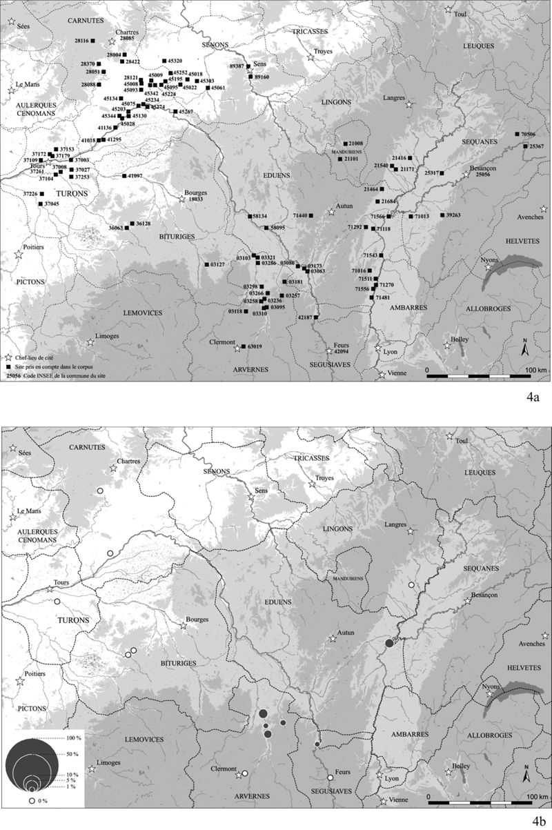  Distribution du type Besançon dans le Centre-Est de la France, à La Tène C et D.
4a. Localisation et référencement des sites pris en compte ;
4b. La Tène C1-C2 (vers 280-150 a.C.).