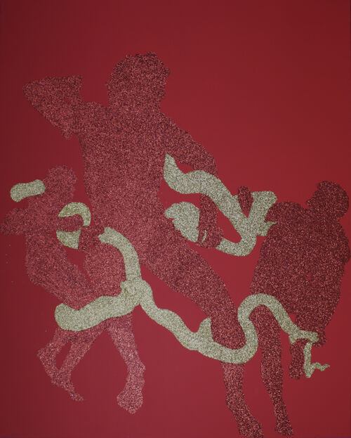 Pascal Lièvre, Glitter Laocoon, 2010, paillettes rouges et or collées sur toile acrylique rouge, 
160 x 120 cm, 
Collection de l’artiste. 
© Avec l’aimable autorisation de l’artiste.

