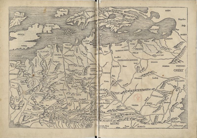 Carte de l’Europe dans le Liber Chronicarum (BnF GE-DD 1366 (RES) ©gallica.bnf.fr / BnF).