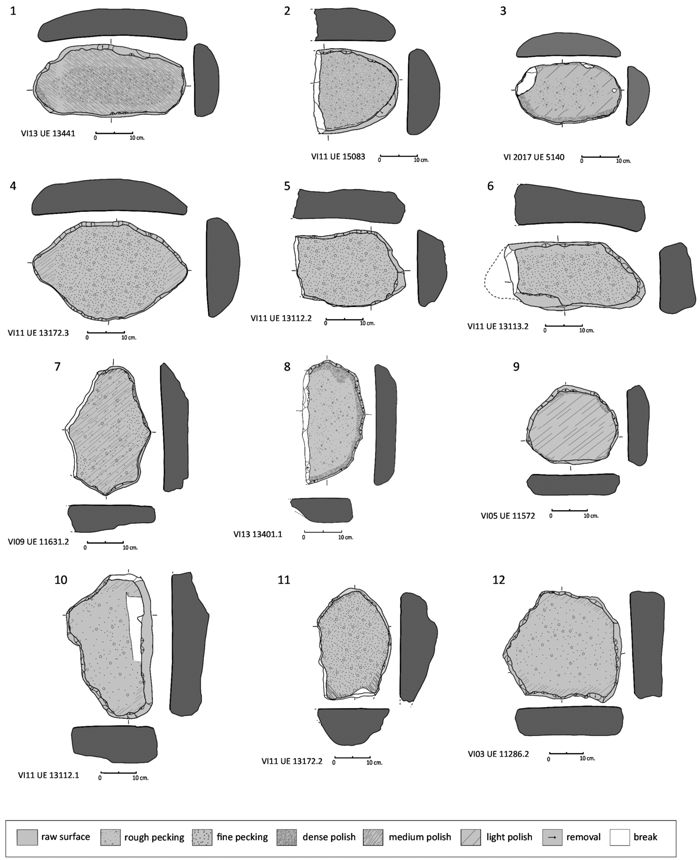 Hand querns from the Fortress of Els Vilars. Upper stones: First Iron Age, 1-5; Early Iberian period, 6-9.
Lower stones: First Iron Age, 10; Early Iberian period, 11-12 (drawings and infographics: A. Castellano).