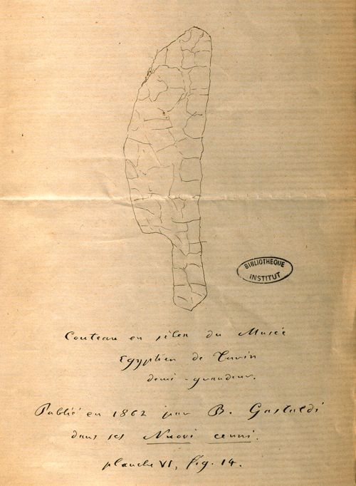 Lettre de Mortillet à Chabas : dessin d’un couteau prédynastique égyptien. Correspondance de François-Joseph Chabas. Bibliothèque de l’Institut de France, Ms 2580 f.7.