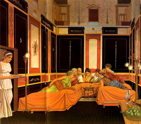 Triclinium romain. Crédit : Peter Conolly (https://www.vita-romae.com/cuisine-de-la-rome-antique.html)