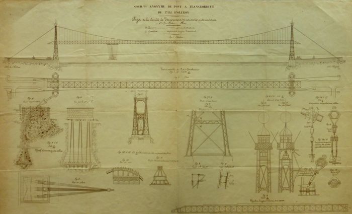  Plan, élévation et détails du projet de pont transbordeur imaginé par Émile Wickersheimer pour relier l’île d’Oléron au continent, sans date (1913) (Archives départementales de Charente-Maritime, S 1729).
