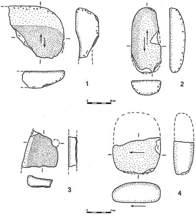 Ground stones from Khirbet Auja el-foqa. 1. Fragment of a slab (Appendix A: 170); 2. Loaf-shaped slab (Appendix A: 158); 3. Fragment of ground palette/perforated stone; 4. Fragment of oval handstone (Appendix A: 160).