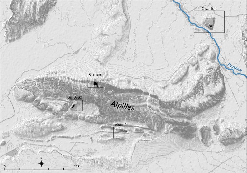 Localisation des sites des Alpilles et de la vallée de la Durance mentionnés dans le texte : Baux-de-Provence, Mouriès, Glanum et Cavaillon (cartographie B. Girard).