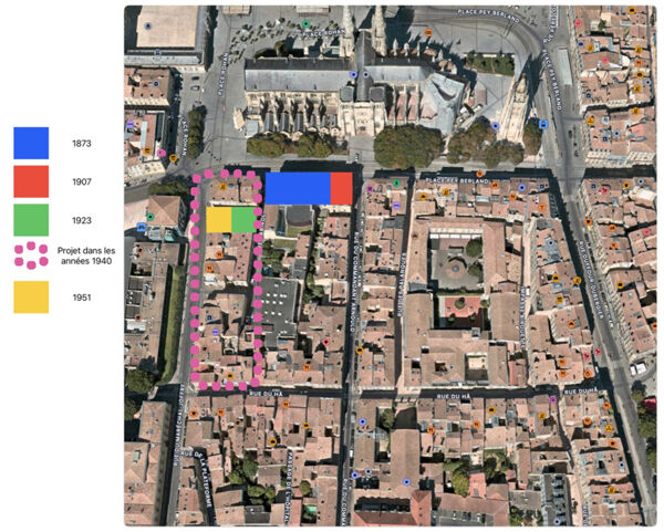Fig. 7. Extension de la Faculté de droit (Fond de carte Apple Plans ; ajouts, Alexandre Frambéry-Iacobone, février 2024).
