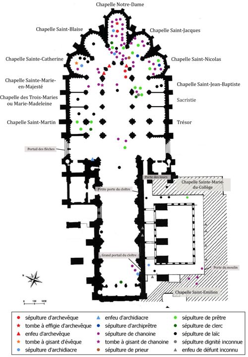  Plan des sépultures tardo-médiévales de la cathédrale Saint-André de Bordeaux (Maëlle Métais, réalisé sur QGIS, d’après Ricard 2017).