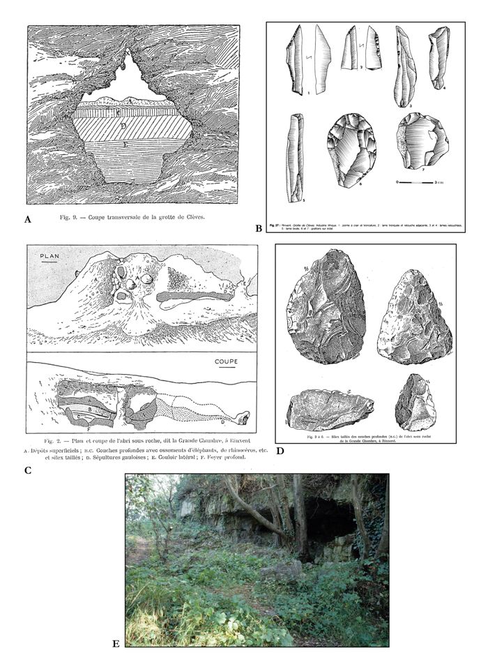 Données préhistoriques des grottes de la Vallée Heureuse (Rinxent, Pas-de-Calais) : A-B. Coupe et industrie lithique 
de la Grotte de Clèves : Hamy 1899 ; Fagnart 1988 ; C-D. Coupe et industrie lithique de l’Abri de la Grande Chambre : Hamy 1899 ; 
E. Vue actuelle de l’Abri de la Grande Chambre : cl. L. Vallin, SRA-DRAC.