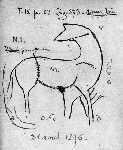 Extrait du Calepin n° 21 de Daleau. Dessin de l’Agnus Dei réalisé le 31 août 1896. Archives du Département de la Gironde.