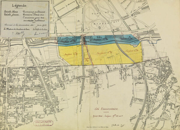 Fig. 2. Plan des bastions 81, 82 et 83, cédés par la Ville de Paris à l’État pour la création de la Cité universitaire, annexe de la convention du 7 juin 1921 (Archives nationales, AJ16/7027, Centre du Patrimoine de la CIUP. Conseil régional d’Île-de-France, service Patrimoines et Inventaire, 2009, Philippe Ayrault).