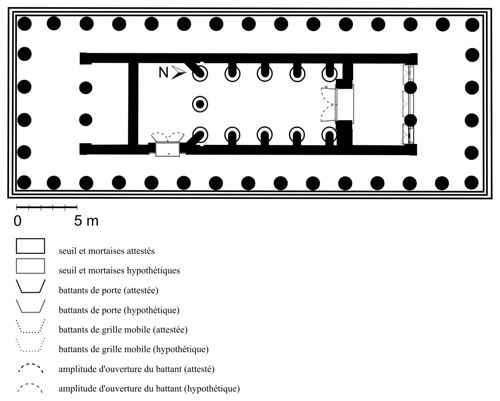  Basse, temple d’Apollon Epicourios. Plan restitué (dessin M. Dromain).