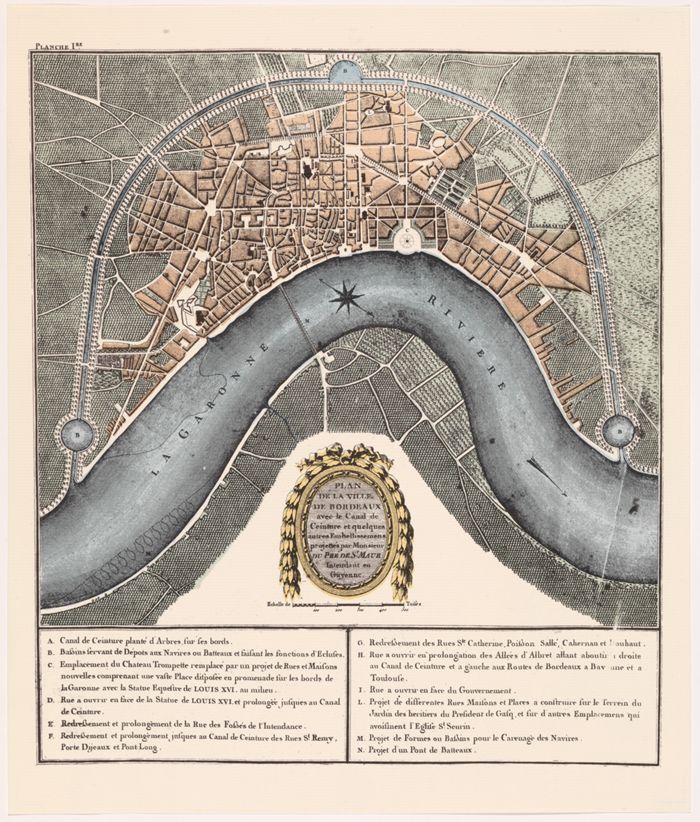 Plan de la ville de Bordeaux avec le canal de ceinture et quelques autres embellissements projetés par M. Dupré de Saint-Maur, intendant de Guyenne, 1782 (Archives de Bordeaux Métropole, Bordeaux XL A 370).
