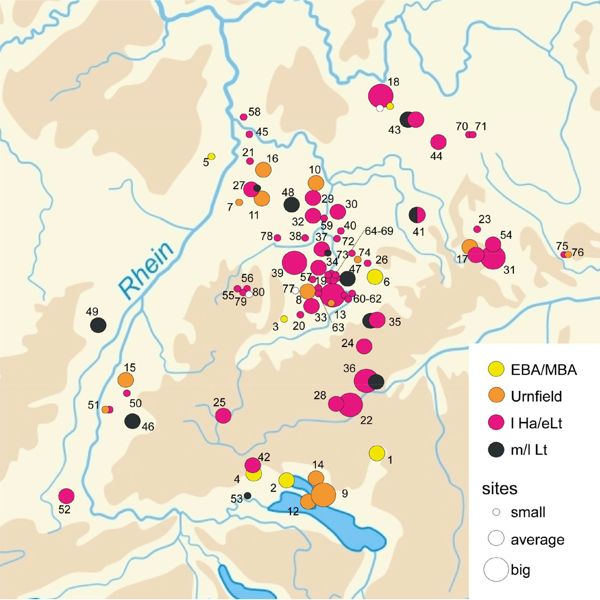 Archaeological sites from Bronze Age and Iron Age in Southwest Germany and adjacent regions with archaeobotanical evidence.
