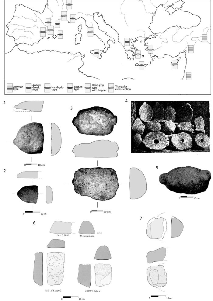 Distribution map of the different new types of upper stones of to and fro querns appearing in the Mediterranean between the 7th and 5th centuries BC: 1. Penya del Moro (Sant Just Desvern, Barcelona) (Portillo 2006); 2. Turó del Vent (Llinars del Vallès, Barcelona) (Portillo 2006); 3. Moleta del Remei (Alcanar, Tarragona) (Portillo 2006); 4. Photograph of the Taratrato mills (Alcañiz, Teruel) (Paris & Bardaviu 1926); 5. Tossal del Moro de Pinyeres (Batea, Tarragona) (Arteaga et al. 1990); 6. Amatonthe (Limassol, Cyprus) (Carbillet & Jodry 2017), 7. Bibracte (Saint-Léger-sous-Beuvray, France) (Jaccottey, unpublished).