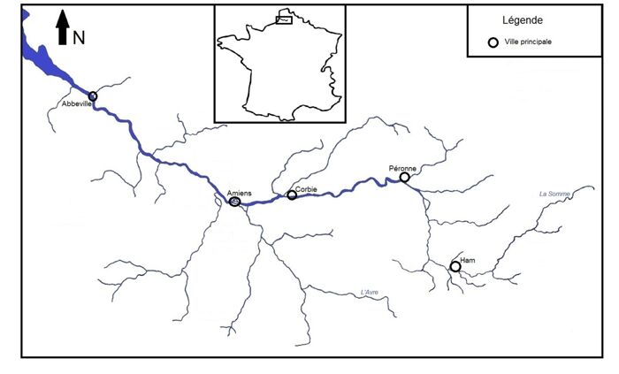Carte du bassin de la Somme avec la localisation des principales villes (cartographie C. Cloquier).