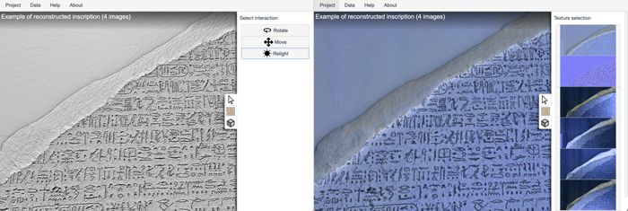 Fig. 3. Our web viewer shows an example of the 3D digital squeeze from the Rosetta Stone. Left: The digital squeeze can be interactively relit by the user. Right: Different visualization options can help scholars study the digital squeeze better.