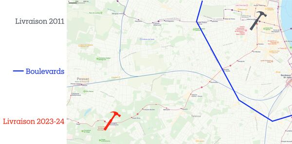 Fig. 12. La frontière des boulevards comme frein aux travaux ? (données tirées du document produit par université de Bordeaux, Schéma pluriannuel de stratégie immobilière. Période 2017-2021, op. cit. Fond de carte Apple Plans ; ajouts, Alexandre Frambéry-Iacobone, septembre 2023).