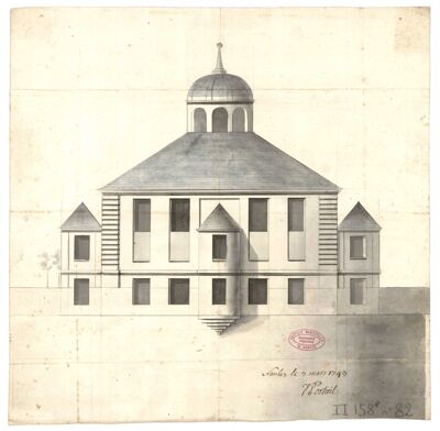 Fig. 6. Amphithéâtre de chirurgie, dessin de Nicolas Portail, 1743, élévation extérieure (AMN II 158/68).