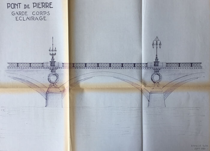 Bertrand Nivelle, Pont de pierre, projet de garde-corps et éclairage, 1981 
(Archives de Bordeaux Métropole, Bordeaux, 1272 W 68).
