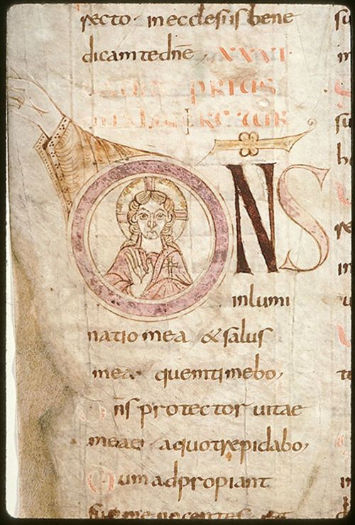 Initiale D, avec Christ en majesté. Psautier de Corbie, France, début du IXe siècle. BM Amiens métropole, Ms. 18, fol. 22v.