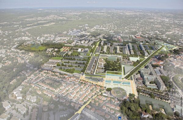 Fig. 12. Les campus sciences et lettres : perspective pour un renouveau (Ville de Montpellier, étude urbaine, groupement Garcia-Diaz, L. Viala et al. 2008).