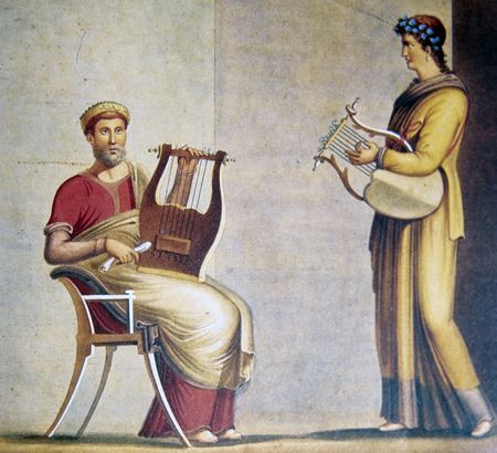 Maison du Cithariste à Pompéi avec un musicien assis tenant sa cithare, et une jeune femme debout pinçant les cordes de la sienne. n