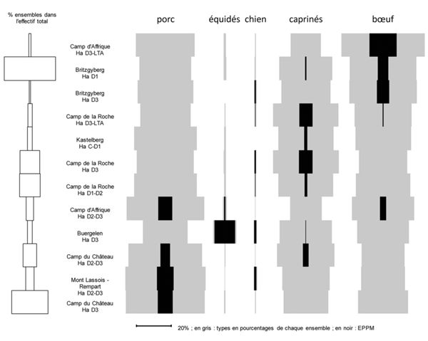 Fréquences, d’après les nombres de restes, des mammifères domestiques dans les habitats de hauteur. Les données sont sériées par le logiciel “ Sériographe EPPM 0.2” (Desachy 2004).