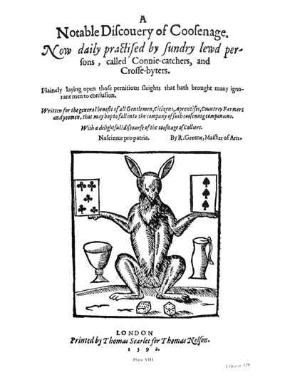 The title page of Robert Greene’s A Notable Discovery of Cozenage, 1592, © Bodleian Library, Malone 575.