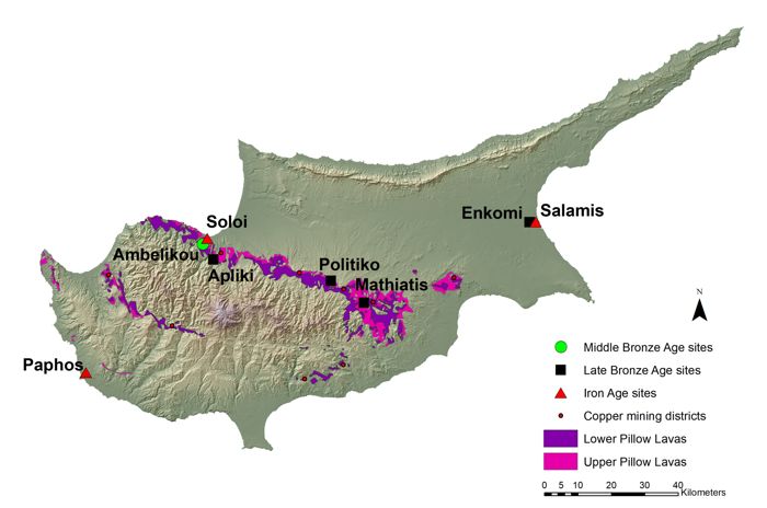 Map of Cyprus showing the geological formation of the pillow lavas and ancient sites mentioned in the text
(Map prepared by V. Kassianidou with digital geological data provided by the Cyprus Geological Survey).