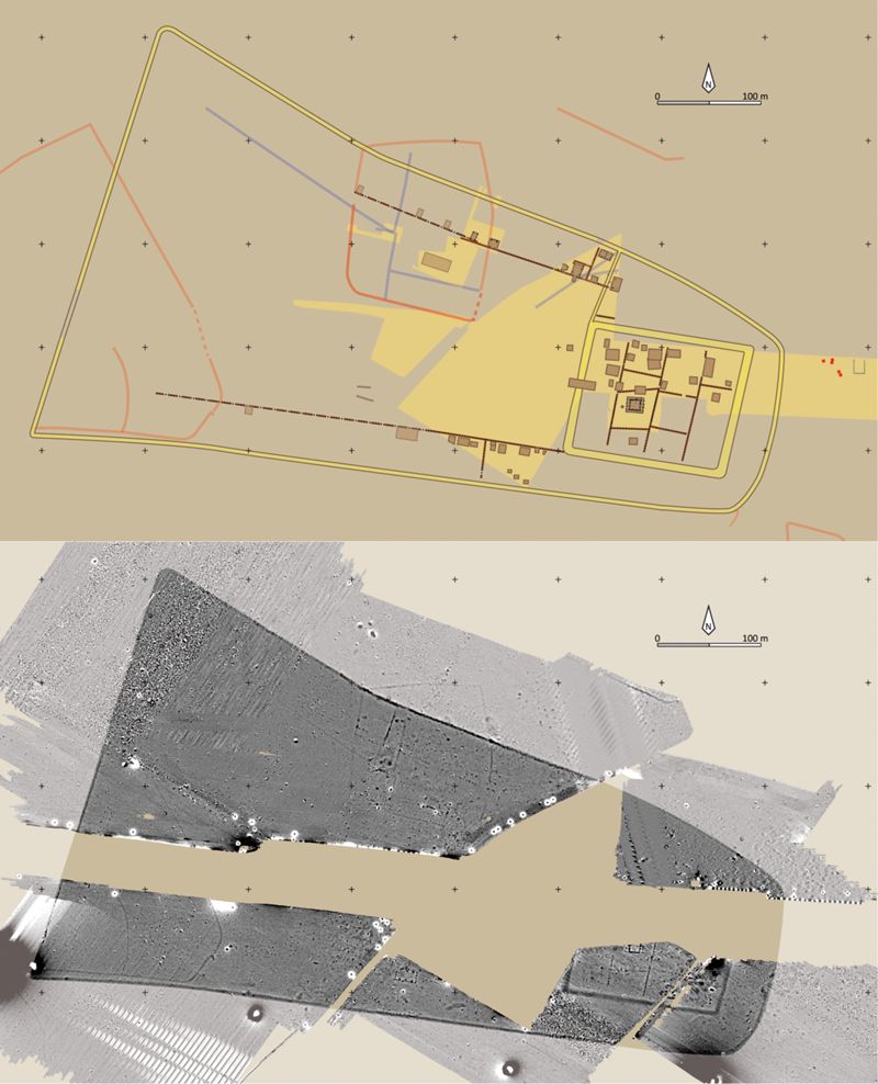  Plan schématique de la résidence aristocratique de Batilly-en-Gâtinais (document établi à partir des fouilles de S. Liégard et les prospections géomagnétiques de GéoCarta).