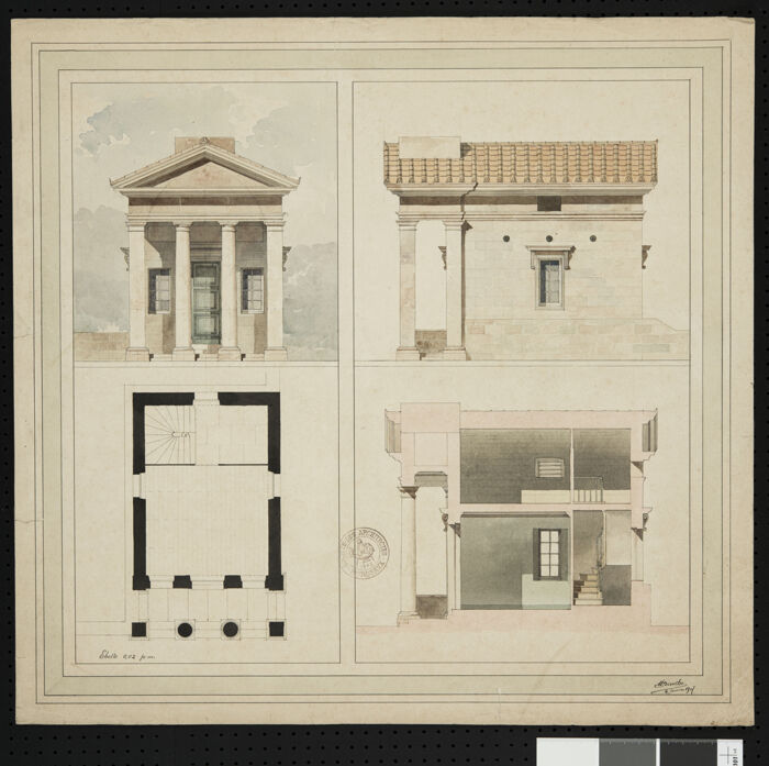 Relevé d’un pavillon, plan, coupe, élévations, 1907 (Archives de Bordeaux Métropole, Bordeaux IX R 176).
