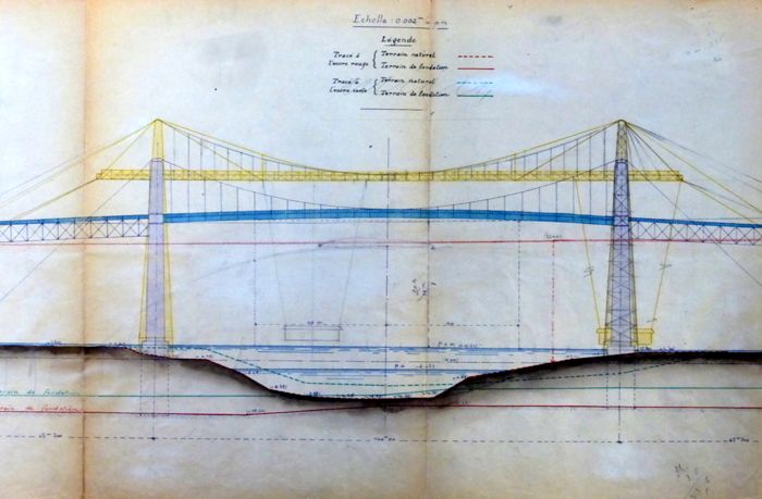  Projet de transformation du pont transbordeur en pont suspendu, annexé 
au rapport de l’ingénieur Petit, du 22 février 1936 (Archives départementales de Charente-Maritime, S 9305).

