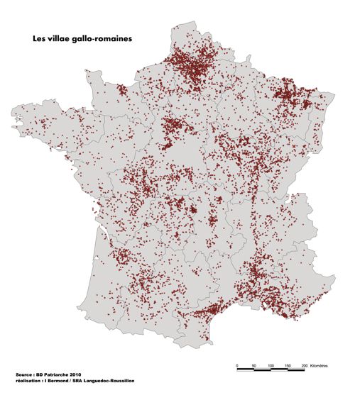 Carte des villae enregistrées sur le site web 
du Ministère de la Culture, France et publiée par C. Pellecuer (www.villa.culture.fr).
