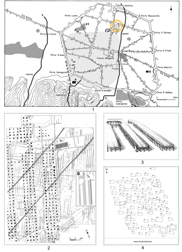 1. Urban plan of Iron Age Bologna, with location of Piazza VIII Agosto (after Ortalli 2020); 2-3 The monumental structure of Piazza VIII Agosto, plan (after Ortalli 2020) and artistic reconstruction (after Zaghetto 2020); 4. Plan of the De Luca cemetery in Bologna (after Morpurgo 2018).